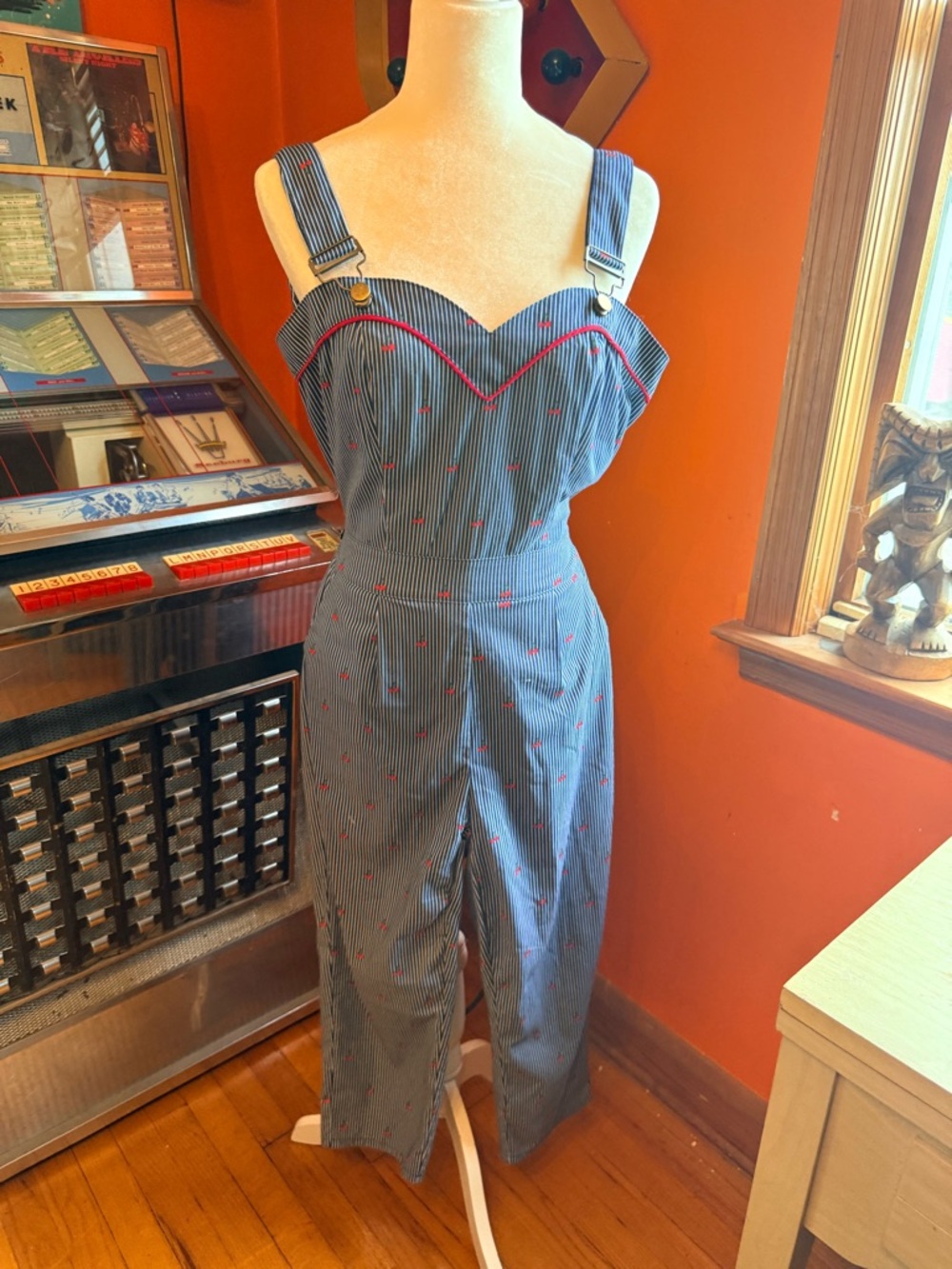 Voodoo Vixen Blue and Red Striped Playsuit with Cherry Detail